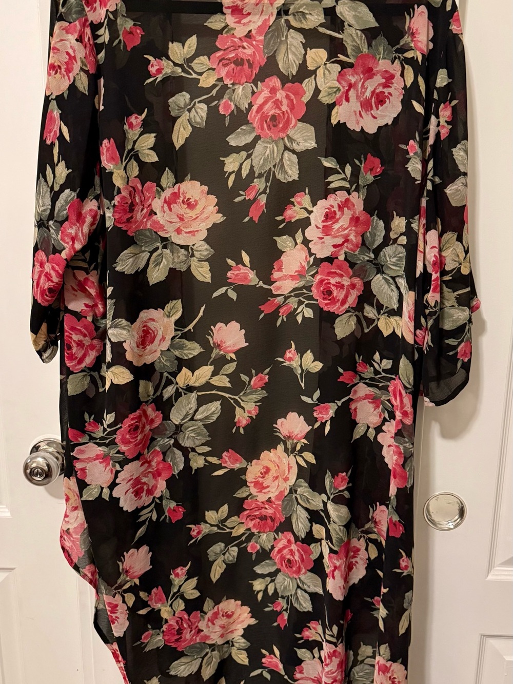 torrid Black Sheer Floral Kimono with Pink Rose Print